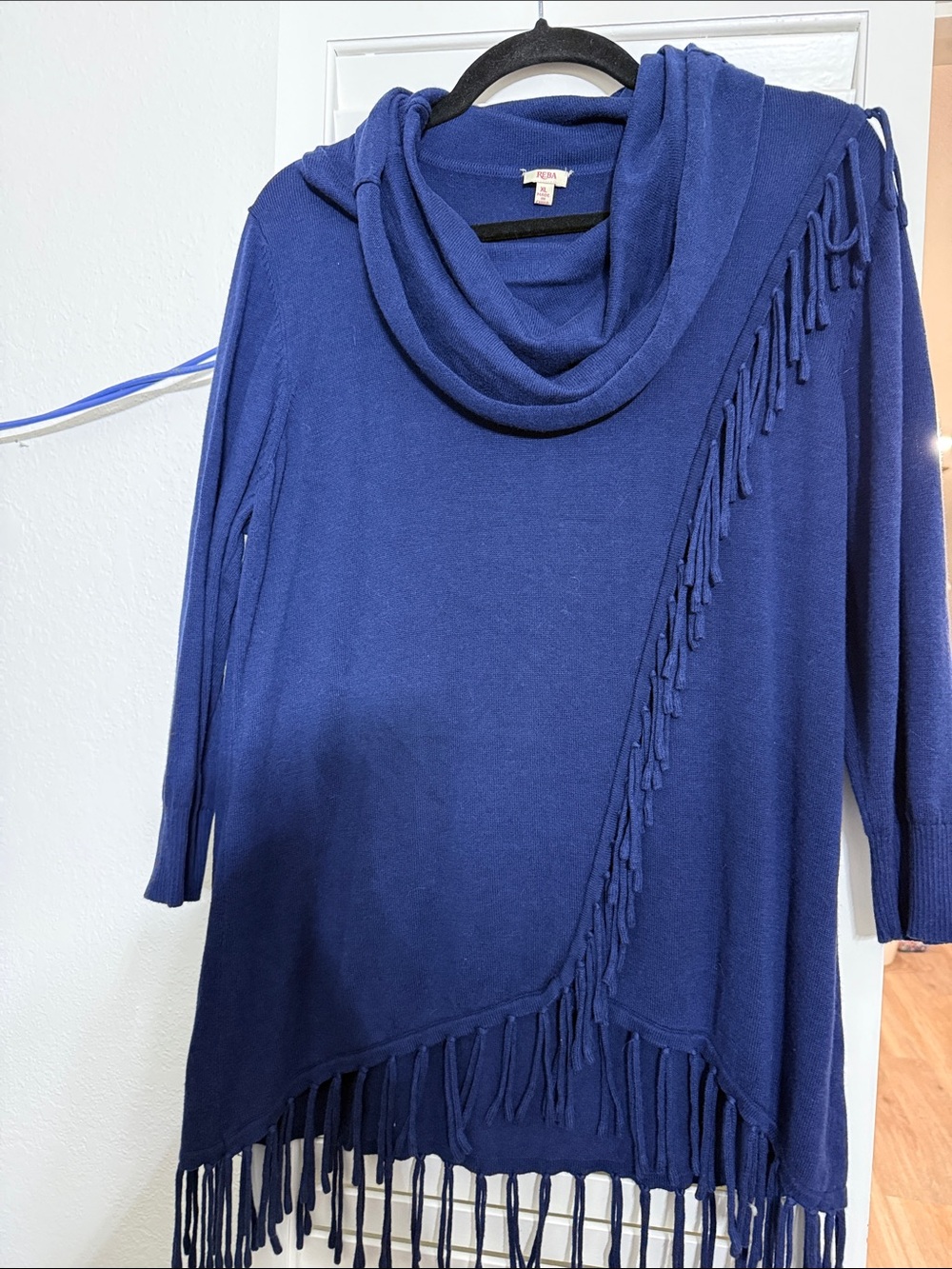 Reba Cowl Neck Fringe Tunic Sweater in Deep Blue